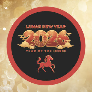 Lunar New Year 2026 Year of the Horse Red Black Classic Round Sticker