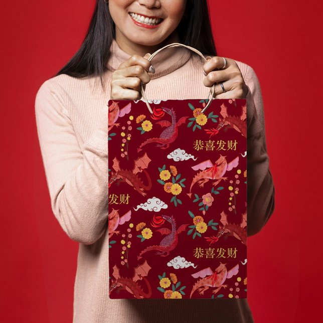 Lunar new year of the dragon red medium gift bag (Chinese lunar new year year of the dragon giftbag)