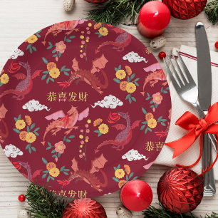 Lunar new year of the dragon red  paper plate