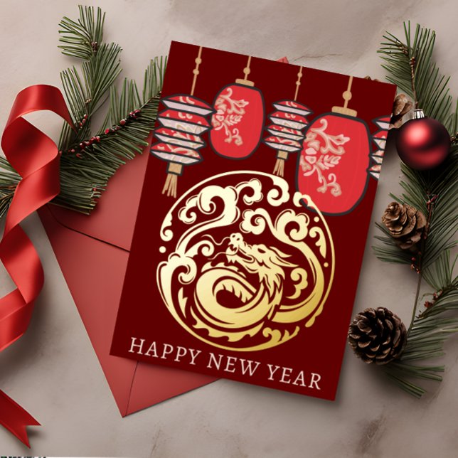Lunar New Year Red Lantern Gold Dragon Foil Holiday Card (Creator Uploaded)