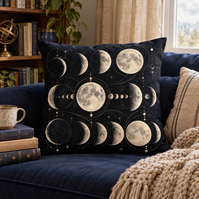 Lunar Phase Field Throw Pillow (16 inch cotton pillow. Same design both sides. Foil effect is printed. Scene props not included.)