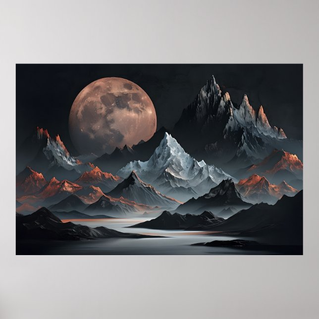 Lunar Rise Over Alien Peaks – Surreal Mountain Poster (Front)