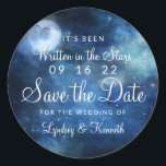 Lunar Sky Full Moon Celestial Galaxy Save the Date Classic Round Sticker<br><div class="desc">Lunar Sky Full Moon Celestial Galaxy Watercolor Design, with Night Shining Stars, and Glowing Moon Design on a luxurious Navy Blue, Pale Blue, and hints of purple watercolor texture. With Modern Typography Script Fonts. A trendy Magical design - Personalised Wedding Save the Date Stickers! ~ Check my shop to see...</div>