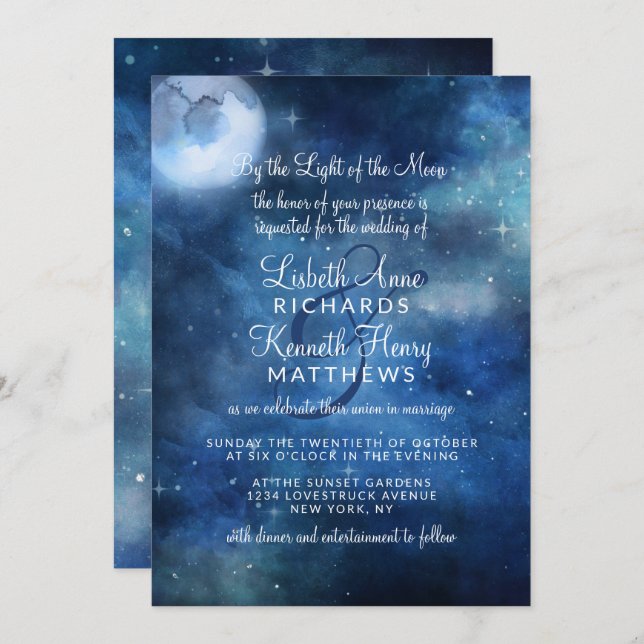 Lunar Sky Full Moon Celestial Stars Wedding Invitation (Front/Back)
