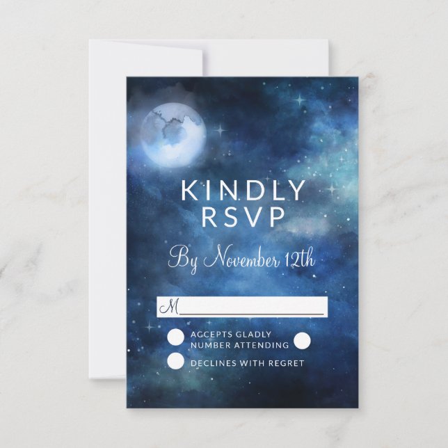 Lunar Sky Full Moon Celestial Wedding RSVP Reply Card (Front)