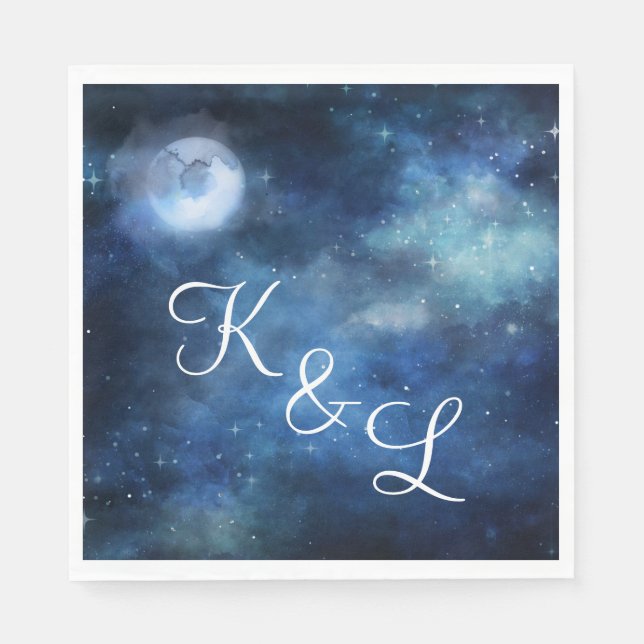 Lunar Sky Full Moon Stars Wedding Monogram Dinner Napkin (Front)