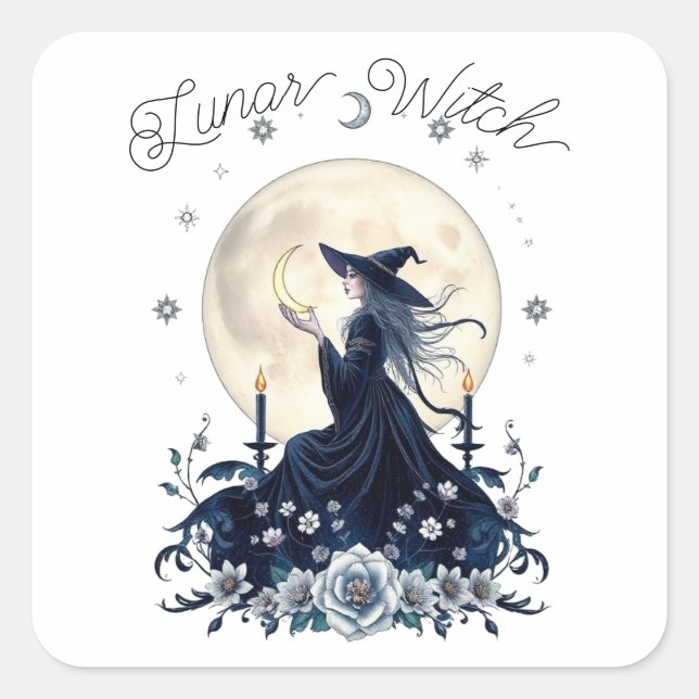 Lunar Witch Celestial Art Personalised Square Sticker (Front)