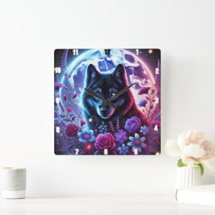 Lunar Wolf and Floral Themed Design Square Wall Clock