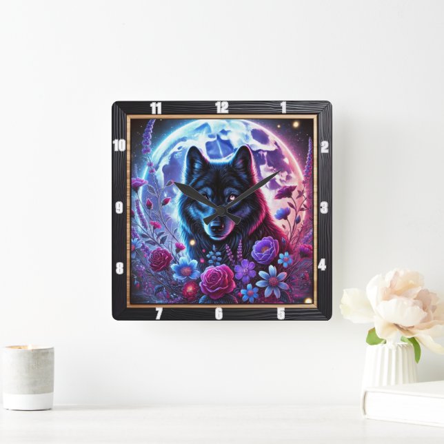 Lunar Wolf and Floral Themed Design Square Wall Clock (Home)