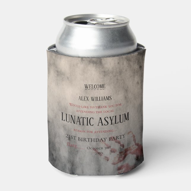 Lunatic Asylum Halloween Birthday Can Cooler (Can Front)