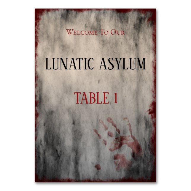 Lunatic Asylum Halloween Birthday Table Number (Front)