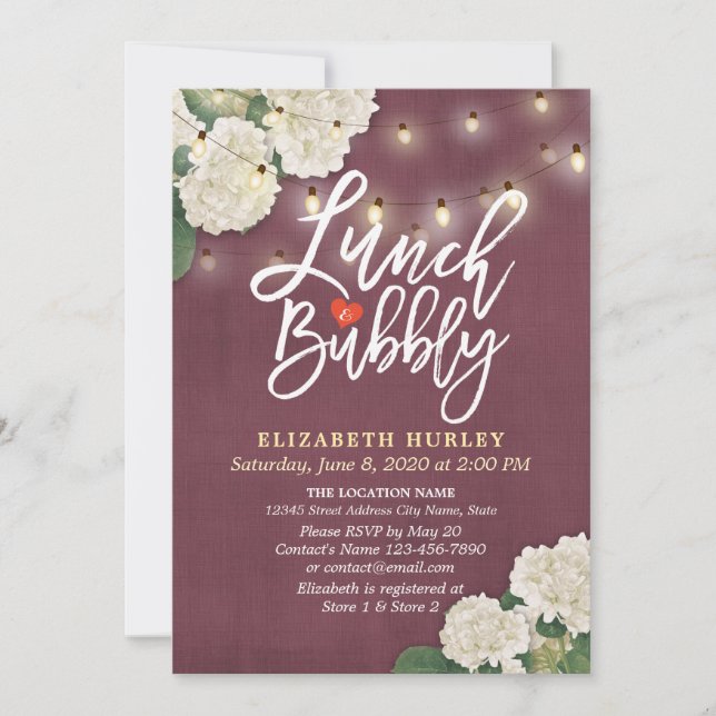Lunch & Bubbly Bridal Shower Flowers String Lights Invitation (Front)