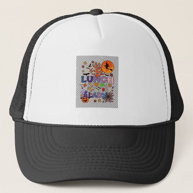 Lunch Lady Halloween Witch Moon Pumpkin_1 Trucker Hat (Front)