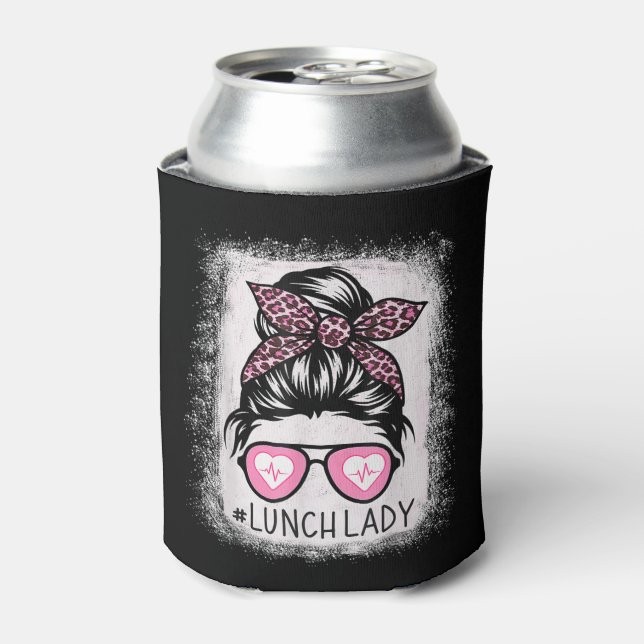 Lunch Lady Life Bleached Shirts Pink Leopard Messy Can Cooler (Can Front)