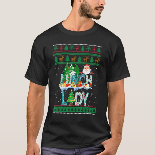 Lunch Lady Ugly Christmas Tree Santa Matching Xmas T-Shirt (Front)