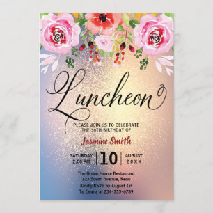 Luncheon Floral Gold Glitter Birthday Invitation