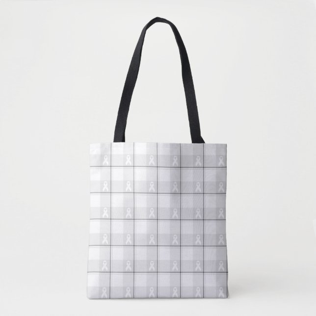 Lung Cancer Awareness Plaid Tote, White Ribbon Tote Bag (Front)