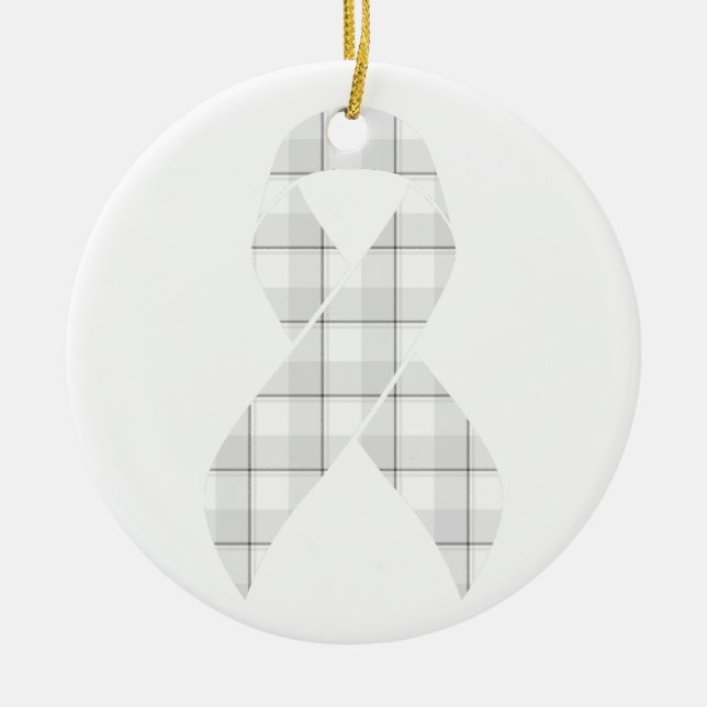 Lung Cancer Awareness Plaid White Ribbon Ceramic Ornament (Front)