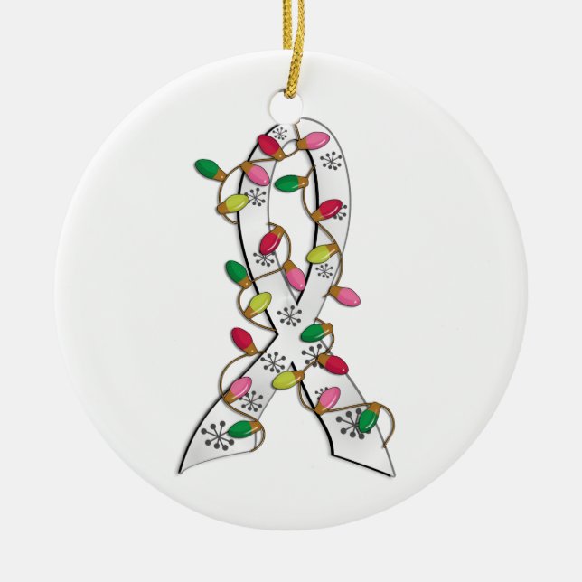 Lung Cancer Christmas Lights Ribbon Ceramic Ornament (Front)