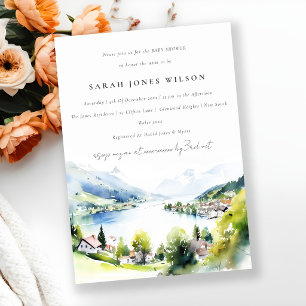Lungern Switzerland Watercolor Baby Shower Invitation