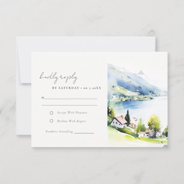 Lungern Switzerland Watercolor Landscape Wedding RSVP Card (Front)