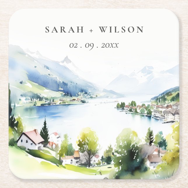 Lungern Switzerland Watercolor Landscape Wedding Square Paper Coaster (Front)