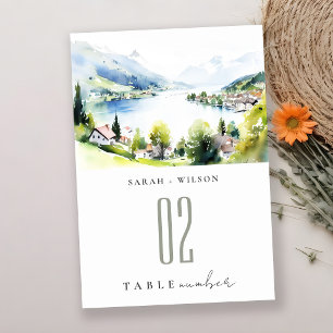 Lungern Switzerland Watercolor Landscape Wedding Table Number