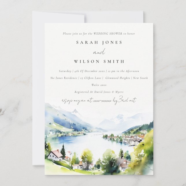 Lungern Switzerland Watercolor Wedding Shower Invitation (Front)