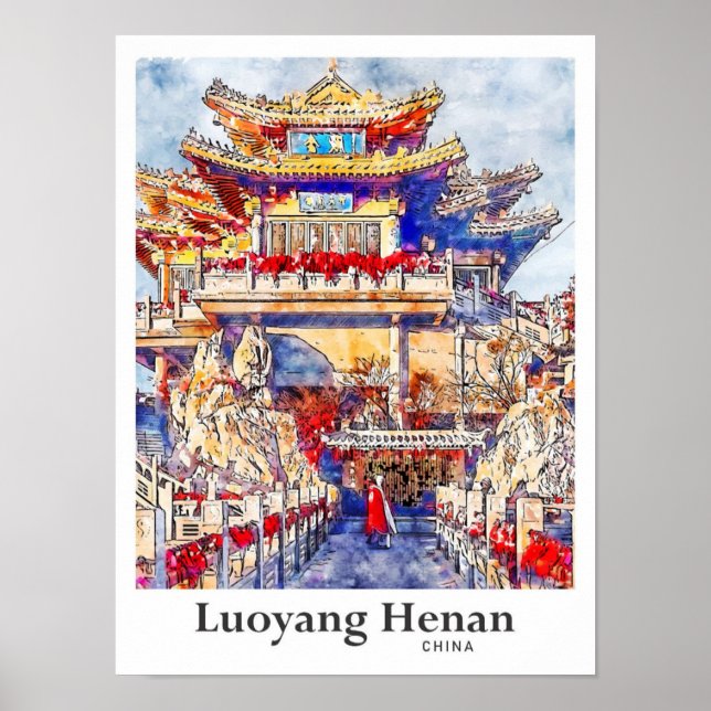 Luoyang Henan China Travel Watercolor Hand Drawn Poster (Front)