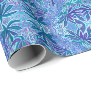 Lupine Flower Bohemian Boho Arabesque Pattern Blue Wrapping Paper