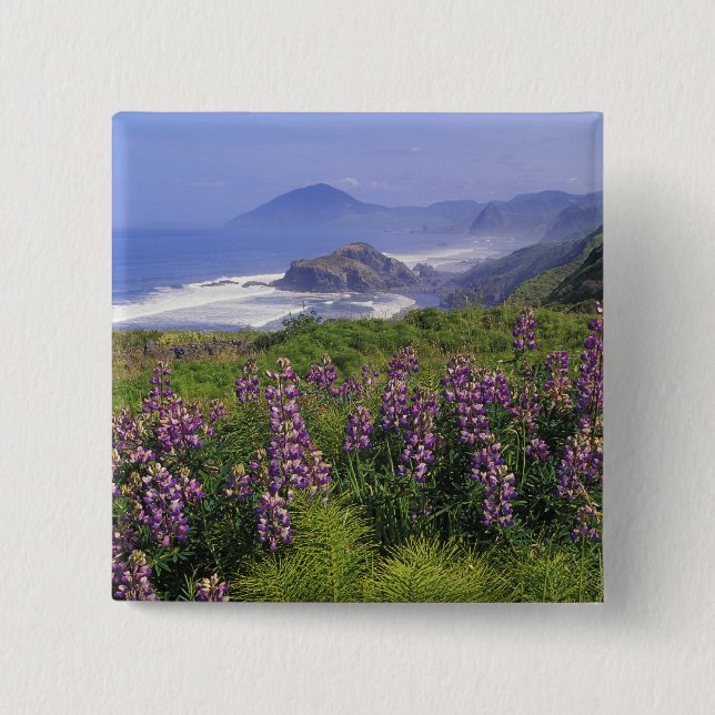Lupine flowers and rugged coastline along 15 cm square badge (Front)