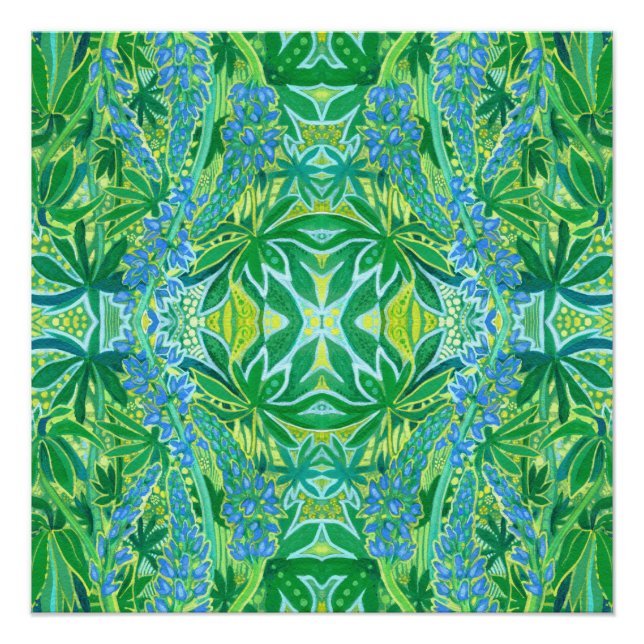 Lupine Flowers Bohemian Arabesque Pattern Green Po Poster (Front)