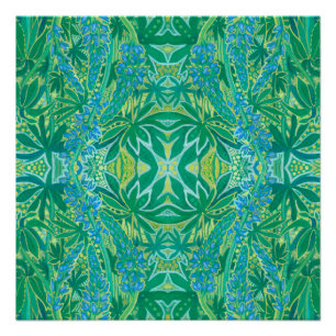 Lupine Flowers Bohemian Arabesque Pattern Green Poster
