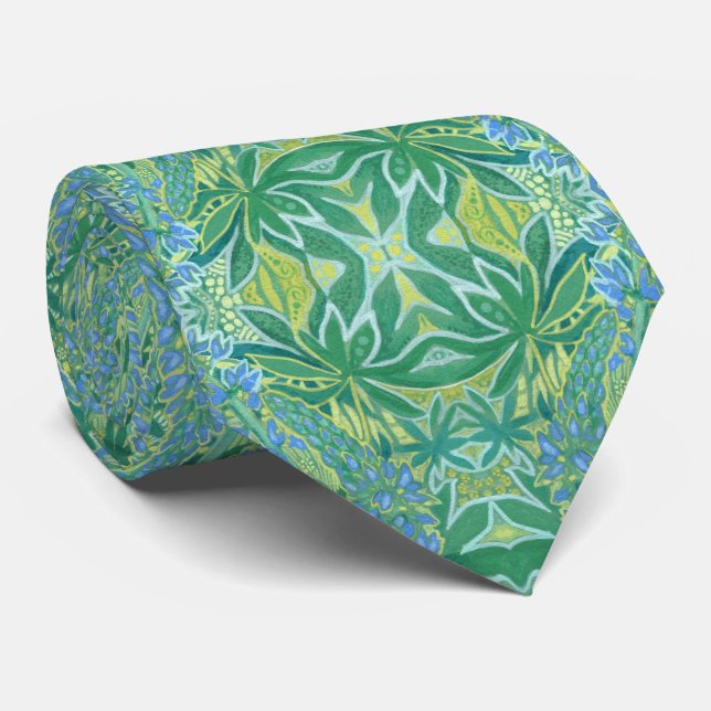 Lupine Flowers Bohemian Arabesque Pattern Green Tie (Rolled)