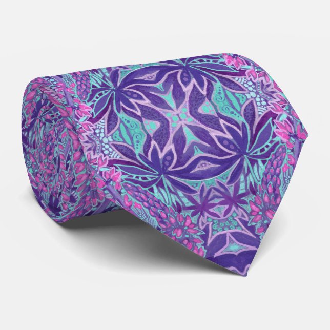 Lupine Flowers Bohemian Arabesque Pattern Pink Tie (Rolled)