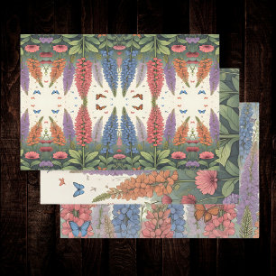 Lupine Flowers Butterflies Vintage Floral Desgn Wrapping Paper Sheet