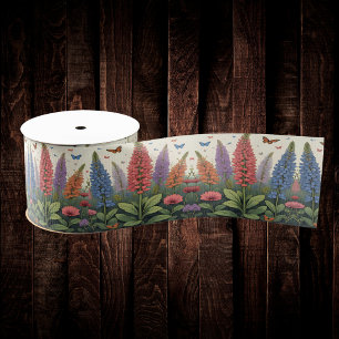 Lupine Flowers Butterflies Vintage Floral Pattern Grosgrain Ribbon