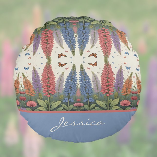 Lupine Flowers n Butterflies Vintage Monogram Round Cushion (Creator Uploaded)
