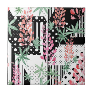 Lupines on a patchwork black and white background ceramic tile