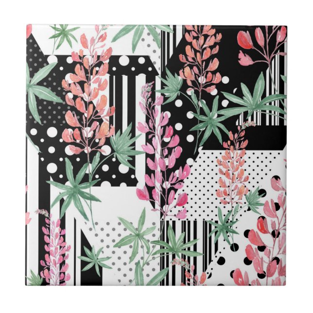 Lupines on a patchwork black and white background  ceramic tile (Front)
