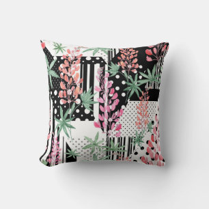 Lupines on a patchwork black and white background  cushion