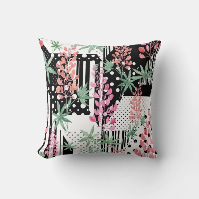 Lupines on a patchwork black and white background  cushion (Front)