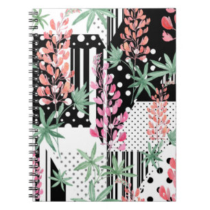 Lupines on a patchwork black and white background notebook
