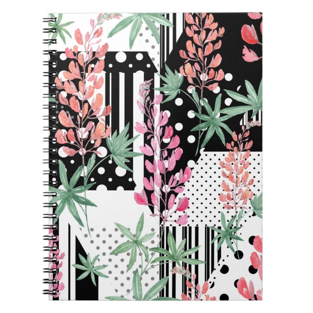 Lupines on a patchwork black and white background  notebook (Front)