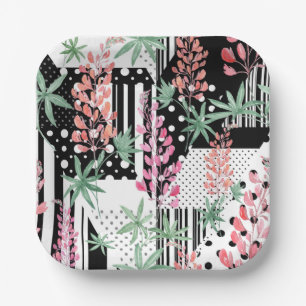 Lupines on a patchwork black and white background paper plate