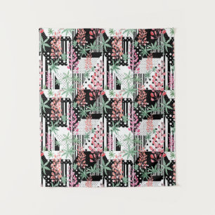 Lupines on a patchwork black and white background tapestry