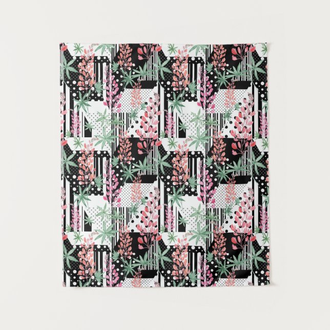 Lupines on a patchwork black and white background  tapestry (Front)
