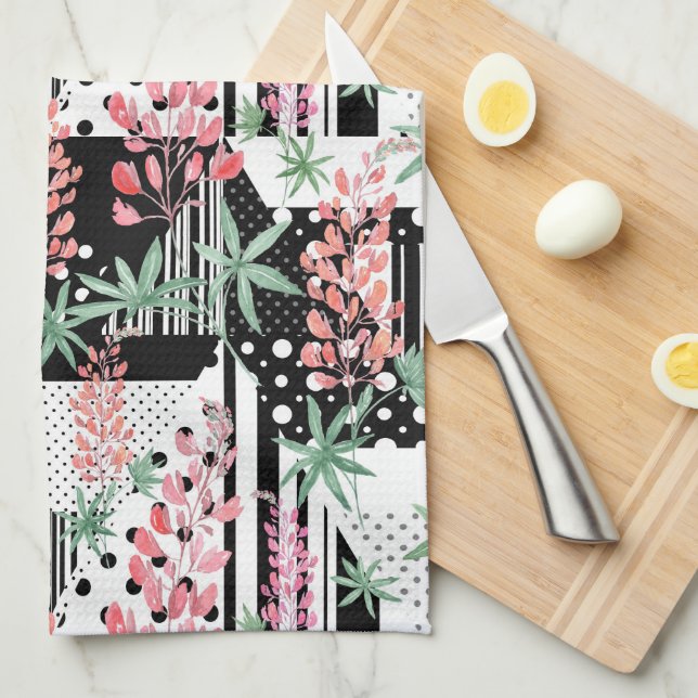 Lupines on a patchwork black and white background  tea towel (Quarter Fold)