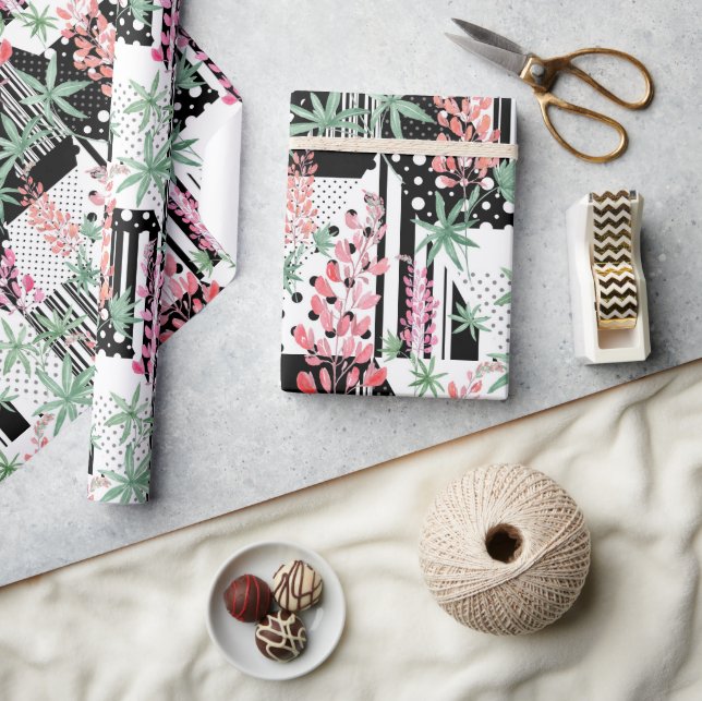 Lupines on a patchwork black and white background  wrapping paper (Crafts)