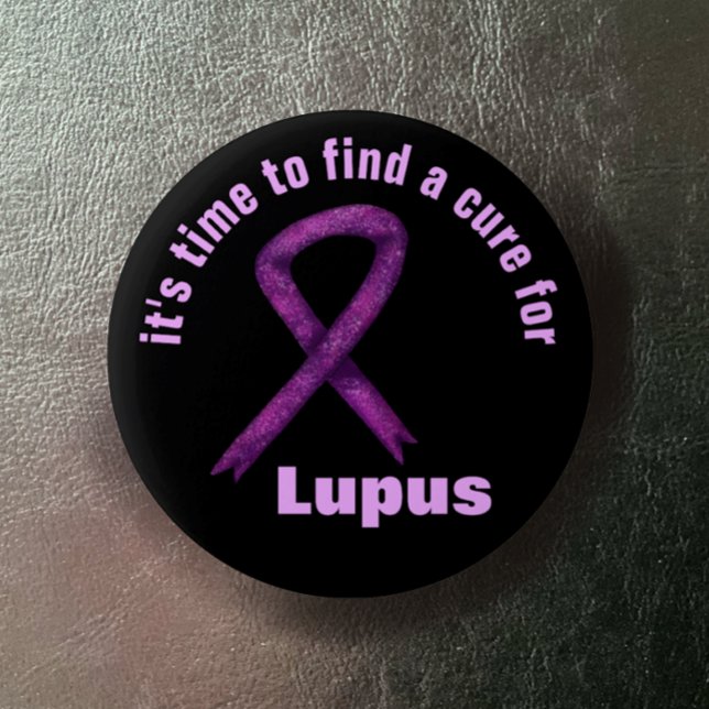 Lupus Awareness Month / Purple Ribbon Custom Text 6 Cm Round Badge (Lupus Purple ribbon Awareness button.  Hand drawn ribbon, it's time to find a cure editable text.)
